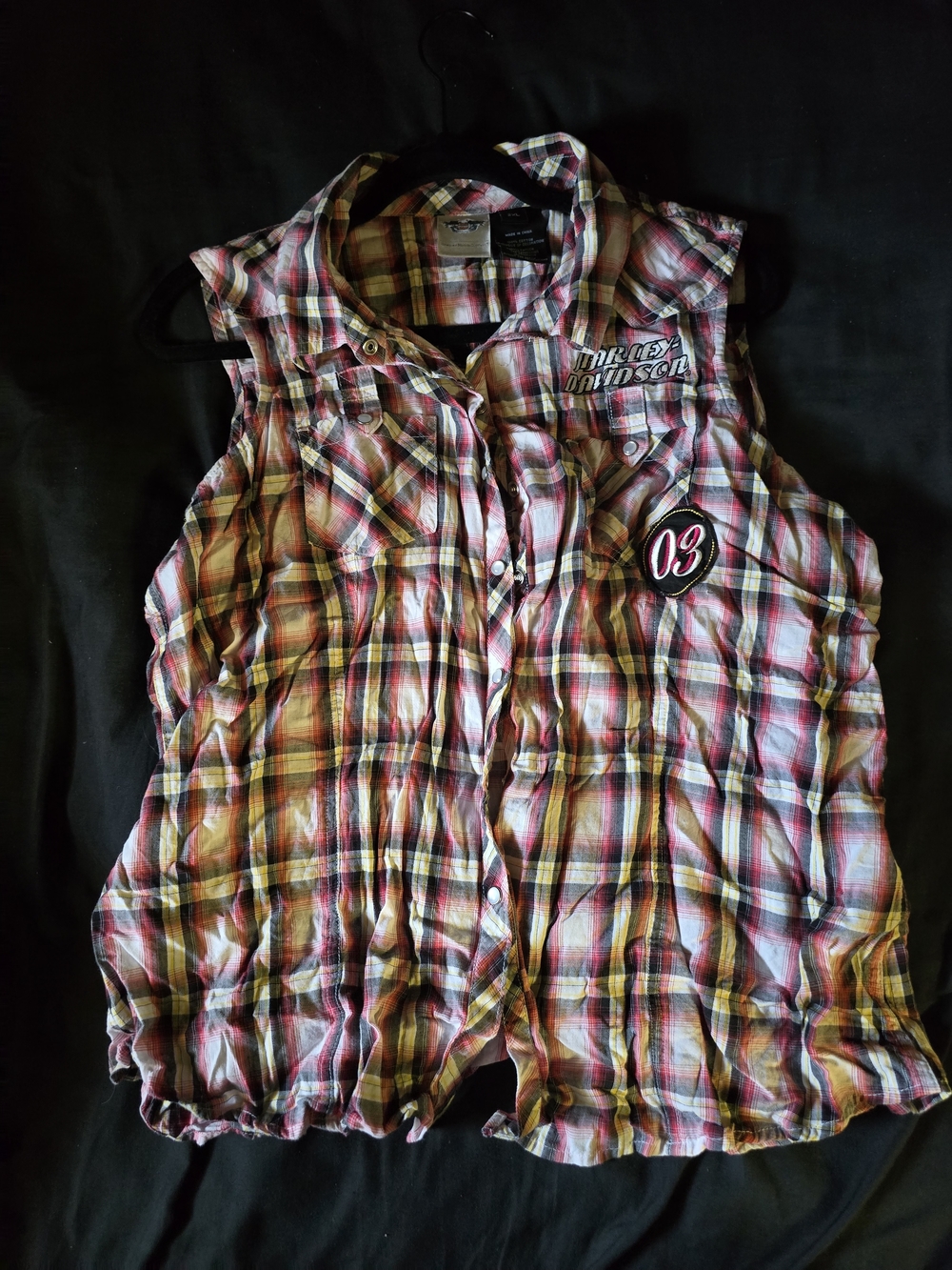 Harley-Davidson Pink Plaid Sleeveless Button-Up Top
